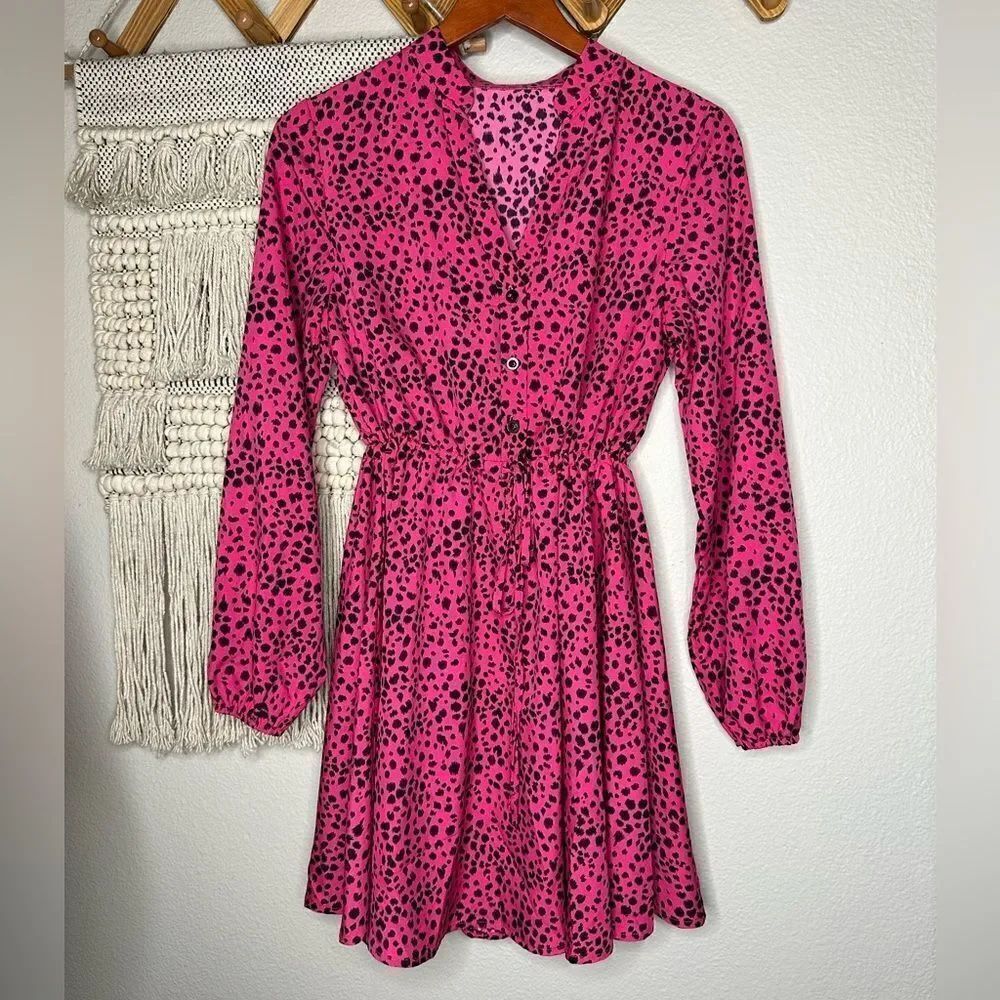 SHEIN long sleeve pink leopard skater dress Small